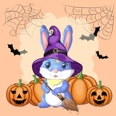 Cadı şapkalı şirin tavşan, balkabağı, süpürge, iksir. Yıl 2023 Hare maskotu karakteri. Mutlu Cadılar Bayramı festivali konsepti