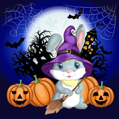 Cadı şapkalı şirin tavşan, balkabağı, süpürge, iksir. Yıl 2023 Hare maskotu karakteri. Mutlu Cadılar Bayramı festivali konsepti