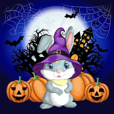 Cadı şapkalı şirin tavşan, balkabağı, süpürge, iksir. Yıl 2023 Hare maskotu karakteri. Mutlu Cadılar Bayramı festivali konsepti