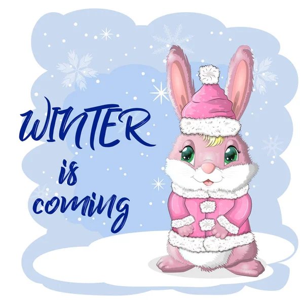 在雪地上戴着一顶圣诞老人帽的可爱的卡通兔子 2023年冬季 圣诞节和新年 — 图库矢量图片