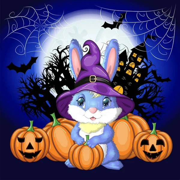 Cadı şapkalı şirin tavşan, balkabağı, süpürge, iksir. Yıl 2023 Hare maskotu karakteri. Mutlu Cadılar Bayramı festivali konsepti