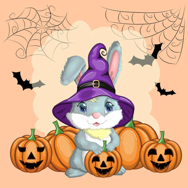 Cadı şapkalı şirin tavşan, balkabağı, süpürge, iksir. Yıl 2023 Hare maskotu karakteri. Mutlu Cadılar Bayramı festivali konsepti