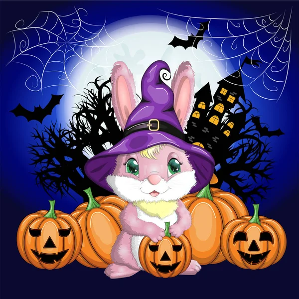 Cadı şapkalı şirin tavşan, balkabağı, süpürge, iksir. Yıl 2023 Hare maskotu karakteri. Mutlu Cadılar Bayramı festivali konsepti