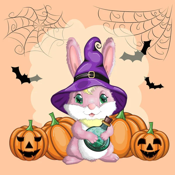 Cadı şapkalı şirin tavşan, balkabağı, süpürge, iksir. Yıl 2023 Hare maskotu karakteri. Mutlu Cadılar Bayramı festivali konsepti