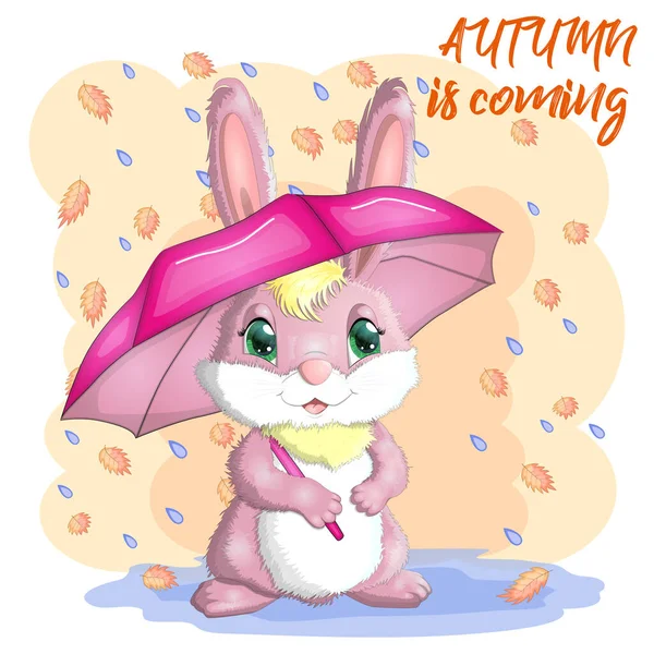 Cartoon Rabbit Hare Umbrella Autumn Cute Childish Character Symbol 2023 — Stock Vector
