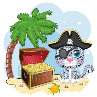 Kar leoparı korsanı, oyunun çizgi film karakteri, bandana takmış vahşi bir kedi ve kafataslı bir şapka, göz bandı. Parlak gözlü ve hazine sandıklı bir karakter.