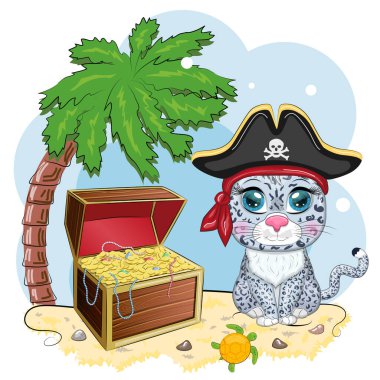 Kar leoparı korsanı, oyunun çizgi film karakteri, bandana takmış vahşi bir kedi ve kafataslı bir şapka, göz bandı. Parlak gözlü ve hazine sandıklı bir karakter.