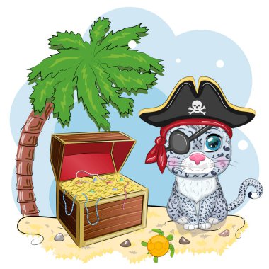 Kar leoparı korsanı, oyunun çizgi film karakteri, bandana takmış vahşi bir kedi ve kafataslı bir şapka, göz bandı. Parlak gözlü ve hazine sandıklı bir karakter.