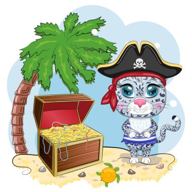 Kar leoparı korsanı, oyunun çizgi film karakteri, bandana takmış vahşi bir kedi ve kafataslı bir şapka, göz bandı. Parlak gözlü ve hazine sandıklı bir karakter.