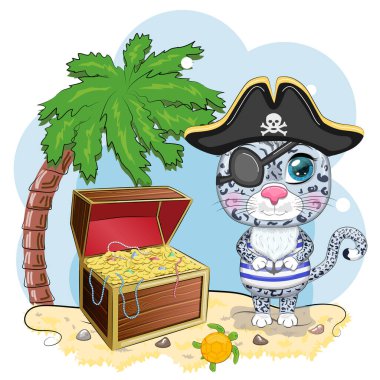 Kar leoparı korsanı, oyunun çizgi film karakteri, bandana takmış vahşi bir kedi ve kafataslı bir şapka, göz bandı. Parlak gözlü ve hazine sandıklı bir karakter.