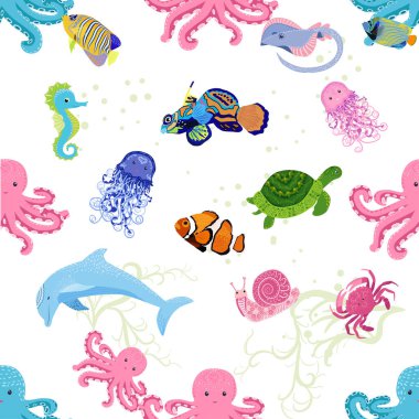 Deniz hayatı, balıklar, hayvanlar parlak, pürüzsüz desenler. Deniz yolculuğu, sualtı dalış yapan tropikal balıklar. Denizanası, balina, köpekbalığı, denizatı, palyaço balığı, yunus, kaplumbağa imparatoru balık ahtapot vatoz vatozu