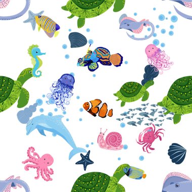 Deniz hayatı, balıklar, hayvanlar parlak, pürüzsüz desenler. Deniz yolculuğu, sualtı dalış yapan tropikal balıklar. Denizanası, balina, köpekbalığı, denizatı, palyaço balığı, yunus, kaplumbağa imparatoru balık ahtapot vatoz vatozu