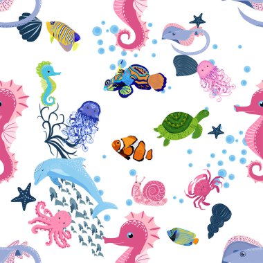 Deniz hayatı, balıklar, hayvanlar parlak, pürüzsüz desenler. Deniz yolculuğu, sualtı dalış yapan tropikal balıklar. Denizanası, balina, köpekbalığı, denizatı, palyaço balığı, yunus, kaplumbağa imparatoru balık ahtapot vatoz vatozu