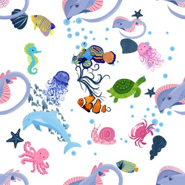 Deniz hayatı, balıklar, hayvanlar parlak, pürüzsüz desenler. Deniz yolculuğu, sualtı dalış yapan tropikal balıklar. Denizanası, balina, köpekbalığı, denizatı, palyaço balığı, yunus, kaplumbağa imparatoru balık ahtapot vatoz vatozu