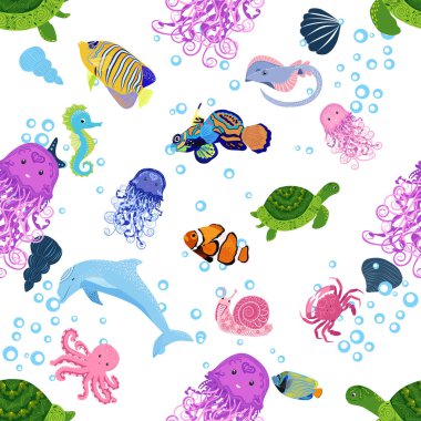 Deniz hayatı, balıklar, hayvanlar parlak, pürüzsüz desenler. Deniz yolculuğu, sualtı dalış yapan tropikal balıklar. Denizanası, balina, köpekbalığı, denizatı, palyaço balığı, yunus, kaplumbağa imparatoru balık ahtapot vatoz vatozu