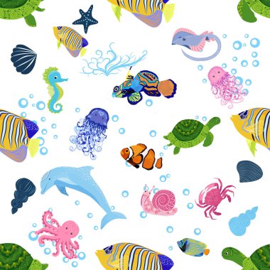 Deniz hayatı, balıklar, hayvanlar parlak, pürüzsüz desenler. Deniz yolculuğu, sualtı dalış yapan tropikal balıklar. Denizanası, balina, köpekbalığı, denizatı, palyaço balığı, yunus, kaplumbağa imparatoru balık ahtapot vatoz vatozu