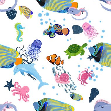 Deniz hayatı, balıklar, hayvanlar parlak, pürüzsüz desenler. Deniz yolculuğu, sualtı dalış yapan tropikal balıklar. Denizanası, balina, köpekbalığı, denizatı, palyaço balığı, yunus, kaplumbağa imparatoru balık ahtapot vatoz vatozu