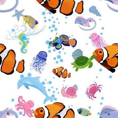 Deniz hayatı, balıklar, hayvanlar parlak, pürüzsüz desenler. Deniz yolculuğu, sualtı dalış yapan tropikal balıklar. Denizanası, balina, köpekbalığı, denizatı, palyaço balığı, yunus, kaplumbağa imparatoru balık ahtapot vatoz vatozu