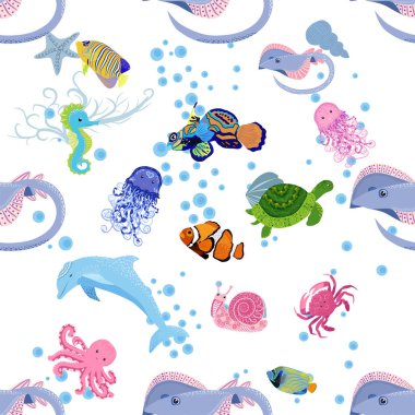 Deniz hayatı, balıklar, hayvanlar parlak, pürüzsüz desenler. Deniz yolculuğu, sualtı dalış yapan tropikal balıklar. Denizanası, balina, köpekbalığı, denizatı, palyaço balığı, yunus, kaplumbağa imparatoru balık ahtapot vatoz vatozu