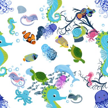 Deniz hayatı, balıklar, hayvanlar parlak, pürüzsüz desenler. Deniz yolculuğu, sualtı dalış yapan tropikal balıklar. Denizanası, balina, köpekbalığı, denizatı, palyaço balığı, yunus, kaplumbağa imparatoru balık ahtapot vatoz vatozu