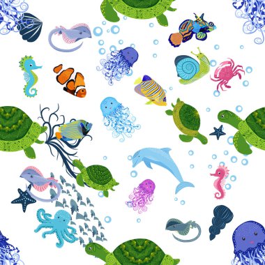 Deniz hayatı, balıklar, hayvanlar parlak, pürüzsüz desenler. Deniz yolculuğu, sualtı dalış yapan tropikal balıklar. Denizanası, balina, köpekbalığı, denizatı, palyaço balığı, yunus, kaplumbağa imparatoru balık ahtapot vatoz vatozu