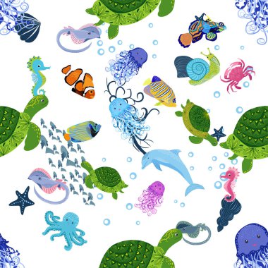 Deniz hayatı, balıklar, hayvanlar parlak, pürüzsüz desenler. Deniz yolculuğu, sualtı dalış yapan tropikal balıklar. Denizanası, balina, köpekbalığı, denizatı, palyaço balığı, yunus, kaplumbağa imparatoru balık ahtapot vatoz vatozu