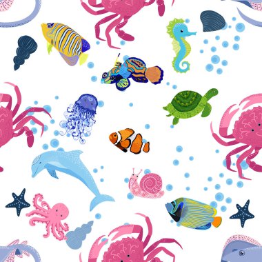 Deniz hayatı, balıklar, hayvanlar parlak, pürüzsüz desenler. Deniz yolculuğu, sualtı dalış yapan tropikal balıklar. Denizanası, balina, köpekbalığı, denizatı, palyaço balığı, yunus, kaplumbağa imparatoru balık ahtapot vatoz vatozu