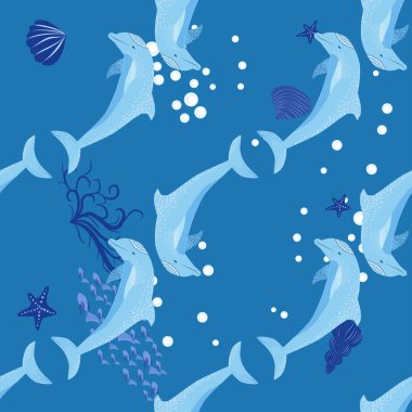 Yunus, deniz sakinleri kusursuz desen, deniz kabukları, algler, denizyıldızı, deniz yaban hayatı arasında güzel bir karakter..