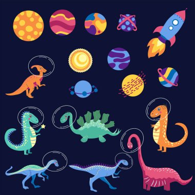 Dino uzayda. Şirin ejderha karakterleri, yıldızları ve gezegenleri olan gezgin dinozor galaksileri. Çocuk çizgi film geçmişi.