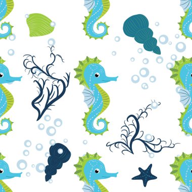 Şirin denizatları çizgi filmlerde kusursuz desen. El yapımı okyanus hayvanları. Deniz sahili, deniz hayatı, su altı akvaryum baskısı..
