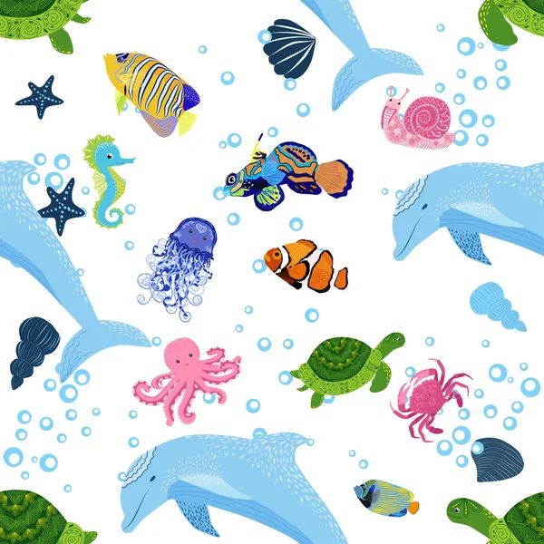 Marine Life Fish Animals Bright Seamless Pattern Sea Travel Underwater — Stock Vector