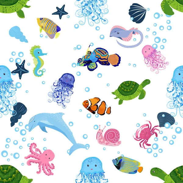 Vie Marine Poissons Animaux Motif Lumineux Sans Couture Voyage Mer — Image vectorielle