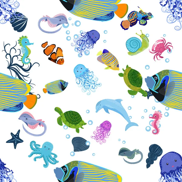 海洋生物 明亮无缝的图案 海洋旅行 水下潜水动物热带鱼 小丑鱼 帝王鱼 — 图库矢量图片