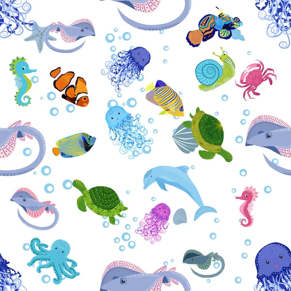 Морське Життя Риба Тварини Яскравий Безшовний Візерунок Морські Подорожі Підводні — стоковий вектор