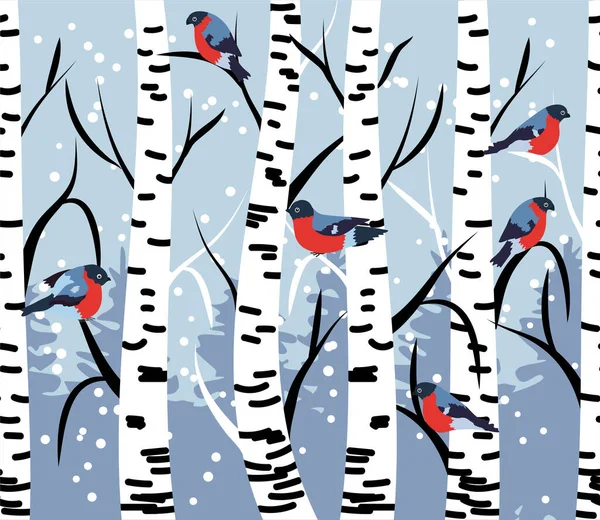 Winter Seamless Pattern Bullfinches Birch Trees — стоковый вектор