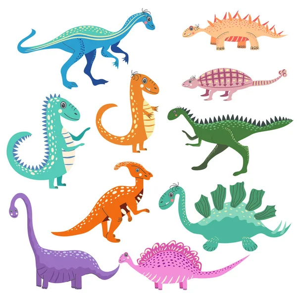 Lindos Dinosaurios Divertido Dino Dibujos Animados Dinosaurios Lindos Dibujados Mano — Vector de stock