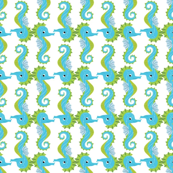 Cute Seahorses Cartoon Seamless Pattern Hand Drawn Ocean Animals Nautical — Stock Vector