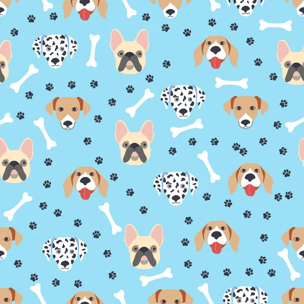Seamless Patterns Cute Cartoon Dogs Muzzles Dalmatian Terrier Bulldog — Stock Vector