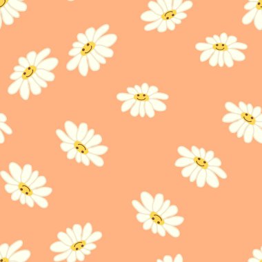 Papatya çayı gülüşü 1970 model. Havalı papatya retro pürüzsüz desen. Olumlu renkli iilüstrasyon. 70 'lerin titreşimli hippi süsü. Çiçek duvar kağıdı