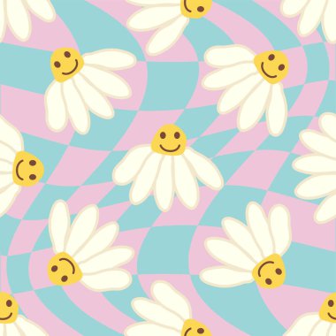 Retro Smile Papatya Deseni 1970 Dalgalı Girdap Deseni 'nde kusursuz desen. Hippi estetiği. Çiçek duvar kağıdı