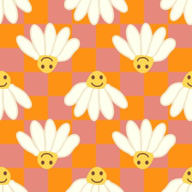 Retro Smile Papatya Deseni 1970 Dalgalı Girdap Deseni 'nde kusursuz desen. Hippi estetiği. Çiçek duvar kağıdı