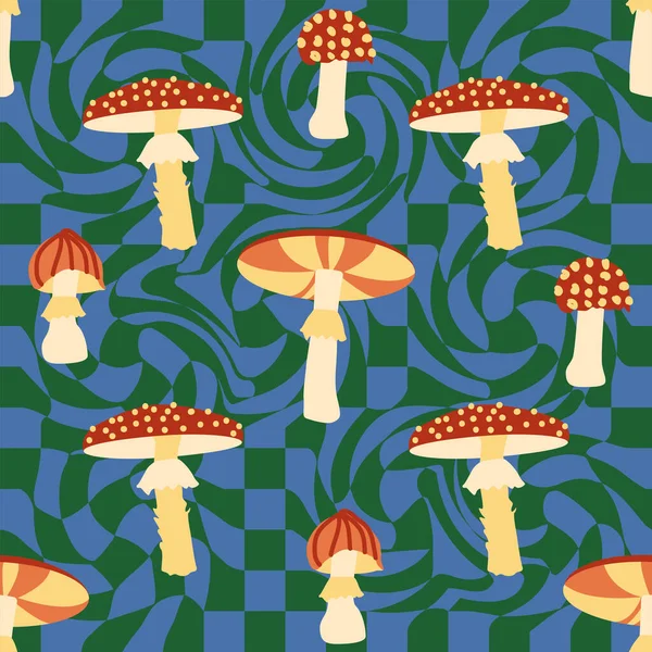 迷幻药物蘑菇无缝图案 迷幻的幻觉 六七十年代嬉皮士五彩缤纷的艺术 复古迷幻纺织品 包装材料 — 图库矢量图片