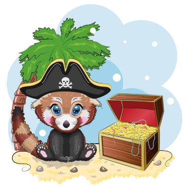 Kızıl panda korsanı, oyunun çizgi film karakteri, bandana takmış vahşi bir ayı ve göz bandı takmış kafatası olan bir horoz şapkası. Parlak gözlü ve hazine sandıklı bir karakter.