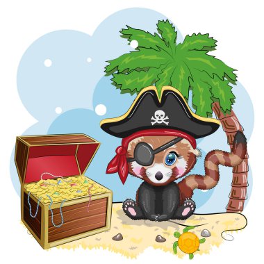 Kızıl panda korsanı, oyunun çizgi film karakteri, bandana takmış vahşi bir ayı ve göz bandı takmış kafatası olan bir horoz şapkası. Parlak gözlü ve hazine sandıklı bir karakter.