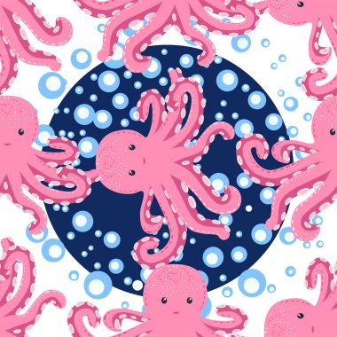 Sevimli ahtapot, yosun ve inciyle kusursuz bir desen. Sevimli elle çizilmiş çocuksu, pürüzsüz bir şekil. Moda çocuk odası arka planı