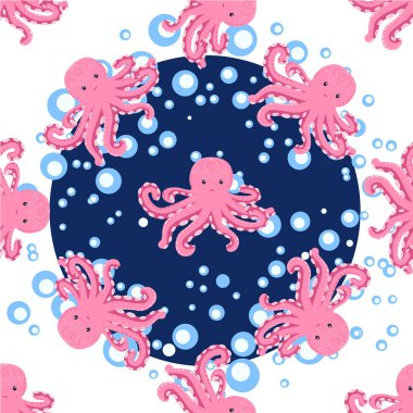 Sevimli ahtapot, yosun ve inciyle kusursuz bir desen. Sevimli elle çizilmiş çocuksu, pürüzsüz bir şekil. Moda çocuk odası arka planı