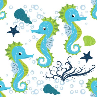 Şirin denizatları çizgi filmlerde kusursuz desen. El yapımı okyanus hayvanları. Deniz sahili, deniz hayatı, su altı akvaryum baskısı..