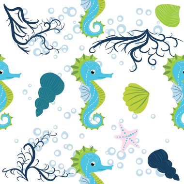 Şirin denizatları çizgi filmlerde kusursuz desen. El yapımı okyanus hayvanları. Deniz sahili, deniz hayatı, su altı akvaryum baskısı..