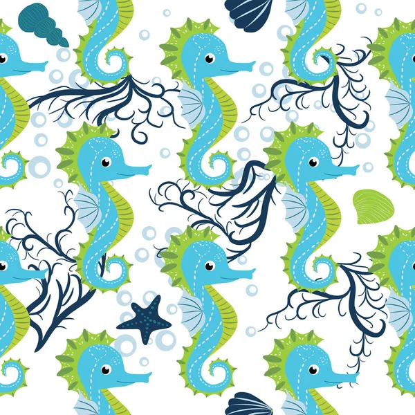 Cute Seahorses Cartoon Seamless Pattern Hand Drawn Ocean Animals Nautical — Stock Vector