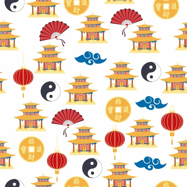 Cartoon Chinese House Seamless Pattern Chinese Symbols Coin Hieroglyphs Yin — Stockvektor